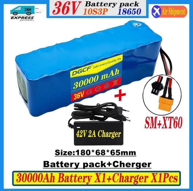 새로운 36V 30Ah 18650 충전식 리튬 배터리 팩 10S3P 500W 고전력 수정 자전거 스쿠터 전기 자동차 BMS, 1개