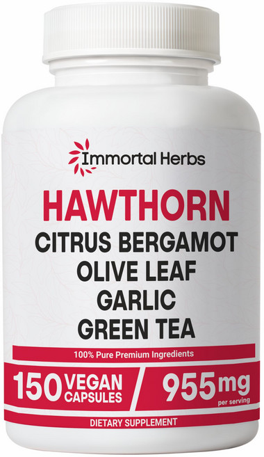 Immortal Herbs 호손 베리 캡슐 올리브 잎이 포함된 6-in-1 추출물 시트러스 베르가못 마늘 녹차 및 후추 비유전자변형식품 및 글루텐 프리 호손 베리 보충제, 1개, 150정