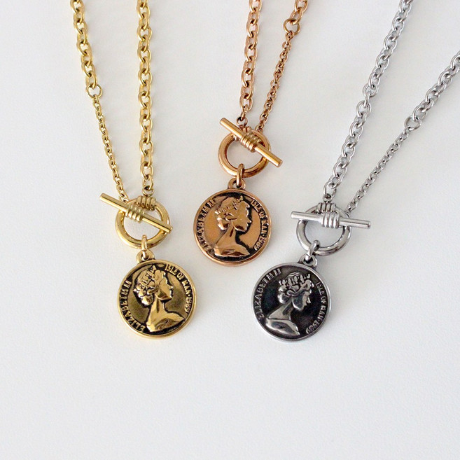 [써지컬스틸] 유화 코인 롱 체인 레이어드 토글바 목걸이 2color 맨투맨추천 62cm