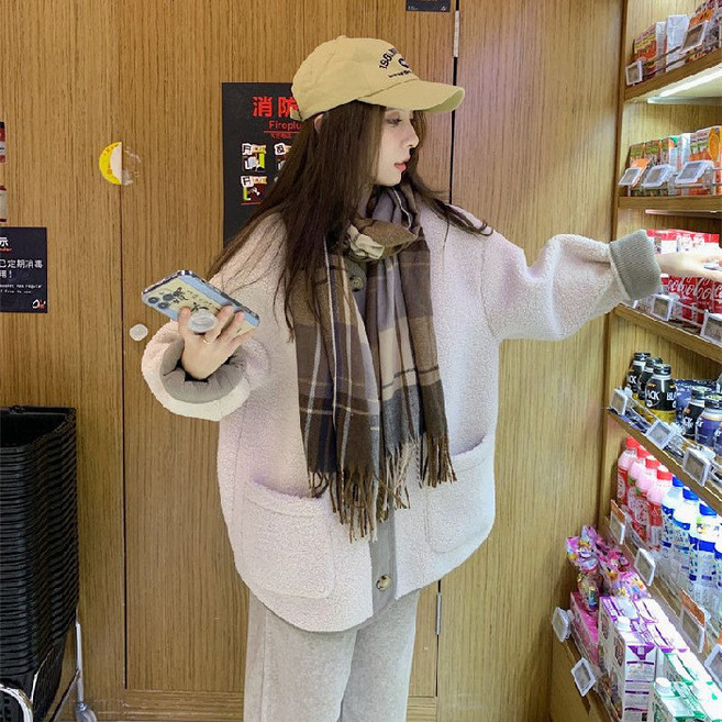 仿羊羔絨撞色長袖開衫外套 - 圓領加厚女士