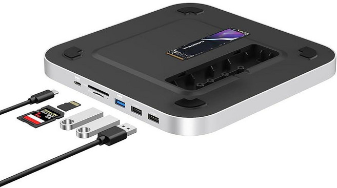 Qwiizlab NVMe 인클로저가 있는 맥 미니 허브 M2/M1 스튜디오 M4/M/3/M2/M1용 도킹 스테이션 Type-C 10Gbps 카드 리더기 104MB/s