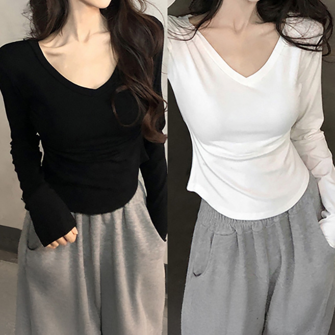 에르모소 2P 여성 브이넥 무지 스판 긴팔 티셔츠 글램핏 슬림핏 데일리 기본티 HF-C081