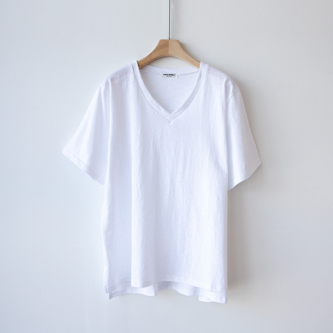 코코세븐 슬라브 밑단 언발 브이넥 빅사이즈 여성 반팔티셔츠