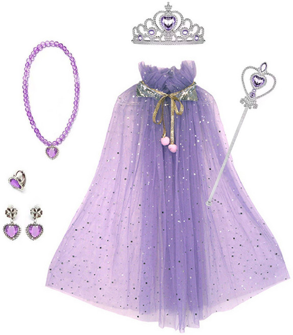 [청춘교복] 공주 생일 파티 용품 5종세트+망토 축하 브라이덜샤워 연말 선물 소품 프린세스 코스튬 주얼리 왕관 요술봉 목걸이 액세사리, 1개, 라벤더