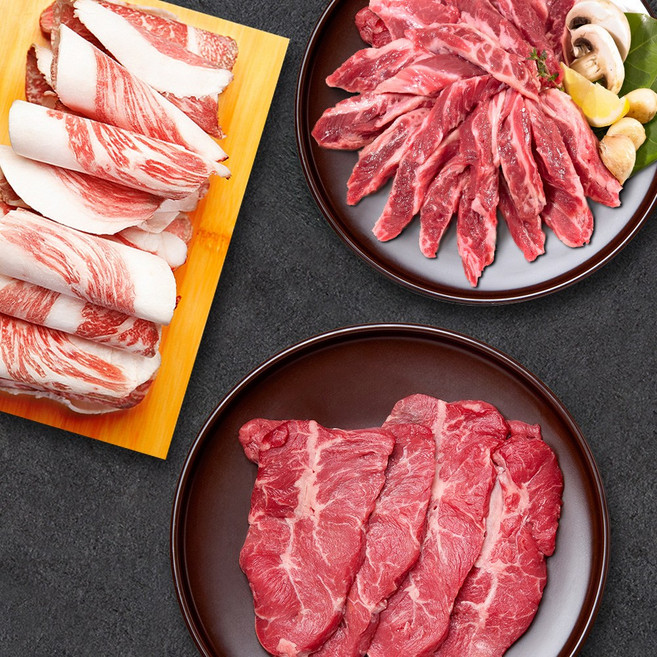 [가성비] 소고기 모듬한판 600g (갈비살+부채살+우삼겹) 구이용 캠핑고기 실속세트, 1개