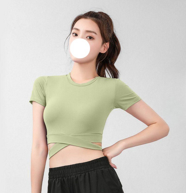 티류으스 여성 여름 복숭아 크롭 크로스 반팔 요가복 슬림핏 하이웨이스트 필라테스 헬스 탑 짐웨어 YX