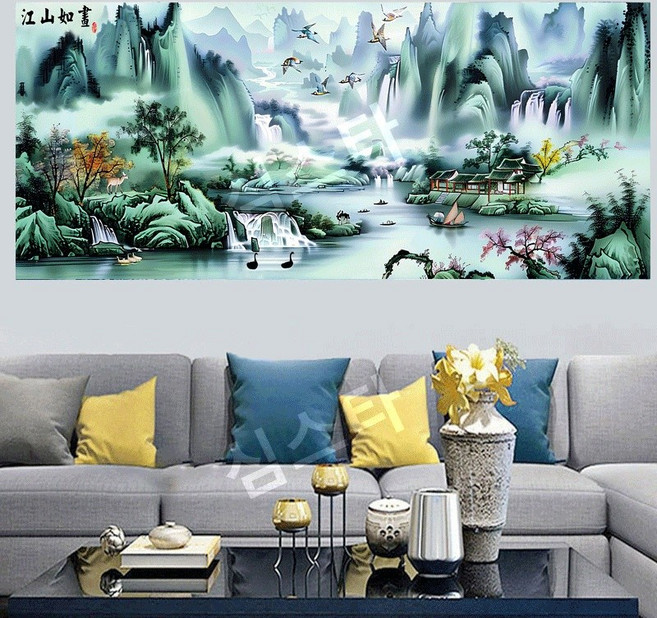 심스타 실십자수 수묵화 풍경화 산속 지상 낙원 호수 도안 프린트 패키지, 180x73cm4가닥자수, 실크, 1개