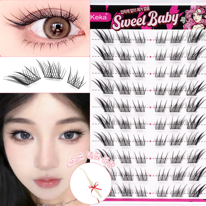 Keka 10-14mm 노글루 여우 속눈썹 인조 부분 속눈썹 가닥 속눈썹 10줄 60가닥, 2개, 블랙