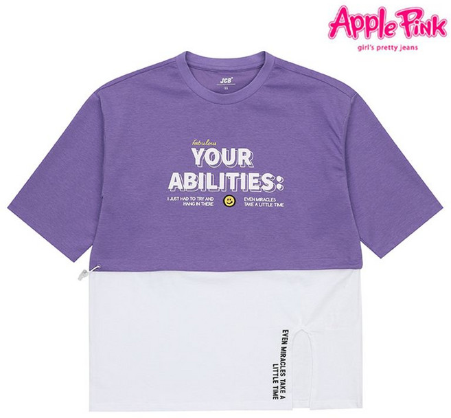 애플핑크 레이어드 프린팅 트임 반팔 티셔츠