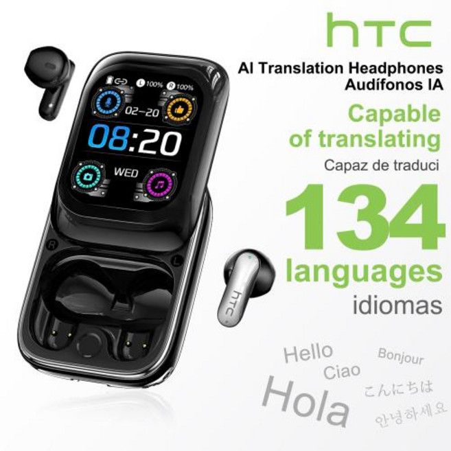 무선 이어폰 블루투스 오픈형 HTC NE48 측면 슬라이딩 플립 AI 번역 이어버드 HD 터치스크린 TWS 인이어 헤드폰, 4)black AI