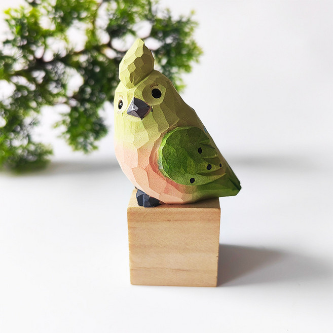 手工實木雕刻鸚鵡擺件, 淺綠櫻嬌鳳鳥 無木方