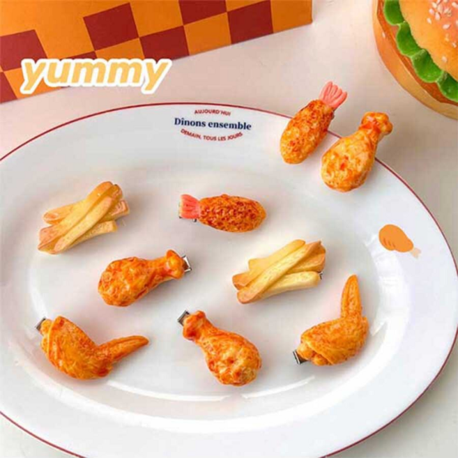 치킨 새우 튀김 모형 음식 포인트 악어 집게핀 머리핀