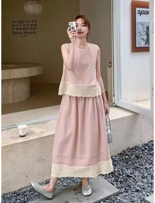 녕동 여성 린넨 스커트 세트 여름 심플 레이스 민소매 면 마 블라우스+a라인 롱 스커트 투피스