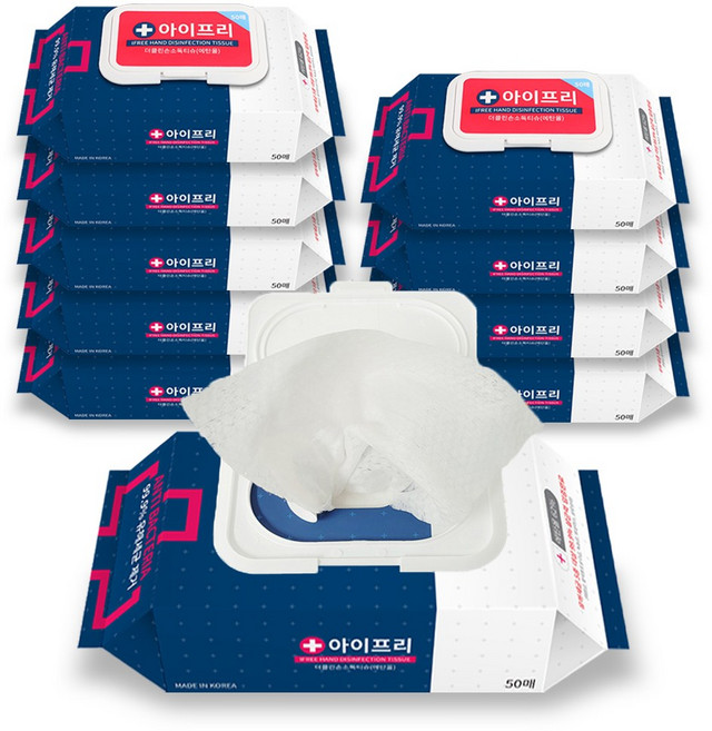 아이프리 더클린 살균 손소독 티슈 캡형, 50개입, 10개
