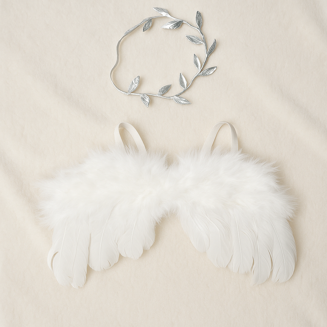 [스윗베베] [KC인증완료] 아기 천사날개 셀프촬영 소품 50일 100일 200일, 천사 날개 + 월계수 헤어밴드 (배경천없음), 1개