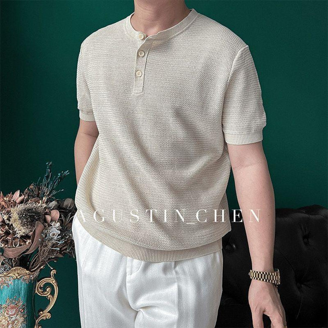 肌理針織短袖T恤 男士夏季透氣亨利衫