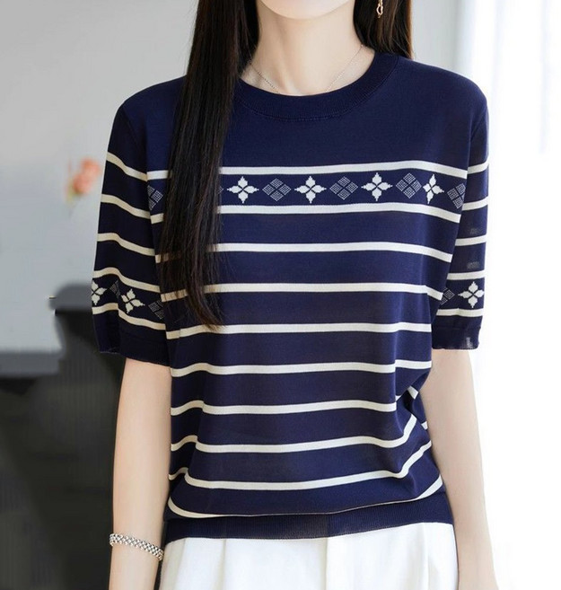 KAQIA 여성 여름 반팔니트 라운드넥 루즈핏 니트반팔티 MM0102