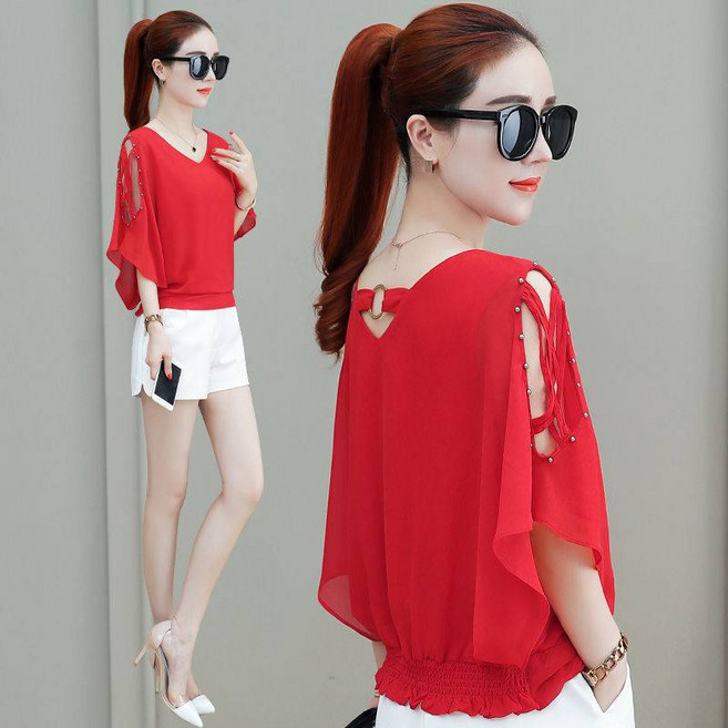 여성용 라인댄스 라틴댄스 브이넥 오프숄더 블라우스 티셔츠 연습복 뉴타임즈 Women's T-shirt