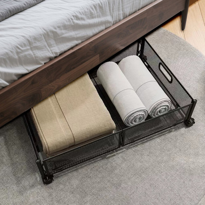 Jeernare 슬라이딩 언더베드 리빙박스 바퀴달린 침대밑수납함 낮은형 접이식 3초설치, 블랙, 2개