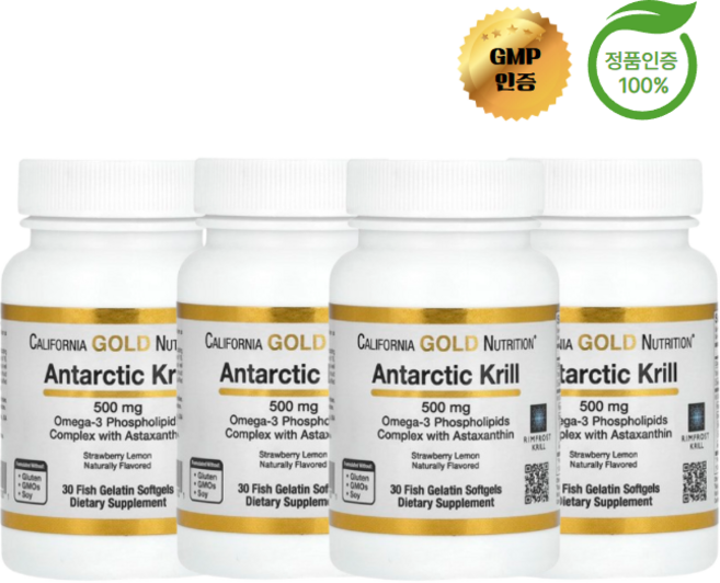 2+2 캘리포니아 골드 뉴트리션 크릴 오일 오메가3 EPA DHA 아스타잔틴 천연 딸기 및 레몬 맛 500mg 30정, 4개