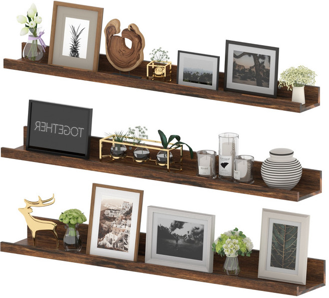 Olivet 벽걸이 수납 선반 원목 벽걸이형 다용도 수납 선반, 갈색, 3단