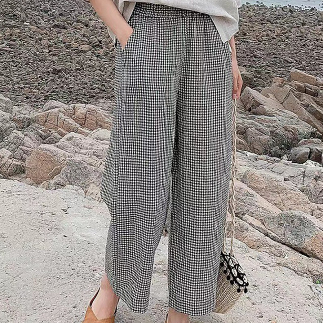 슬림소녀 여성 여름 캐주얼 컴포트 체크 린넨 와이드 팬츠 슬랙스 9부 통바지