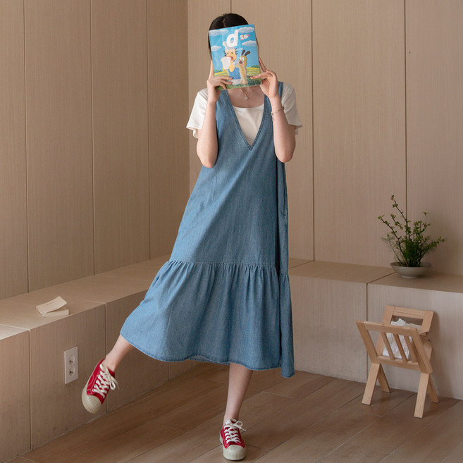 데일리앤 가든 브이넥 뷔스티에 나시 레이어드 캉캉 데님 롱 원피스 봄 여름 빅사이즈