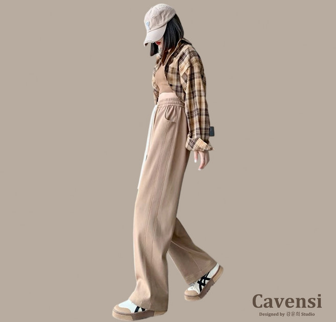 Cavensi 春款長褲女 重磅厚度寬褲 闊腿直筒鬆緊腰褲