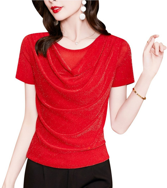 여성 글리터 펄 셔링 라인 댄스복 반팔 티셔츠 라틴 재즈 밸리 줌바댄스 스포츠댄스복 상의, 레드