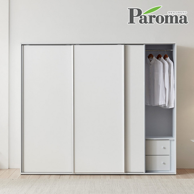 파로마 모닝 2400 키큰 행거형 슬라이딩 옷장 E0 자동댐핑도어 장농, 딥그린/화이트, I형(이불장+수납옷장+서랍옷장)