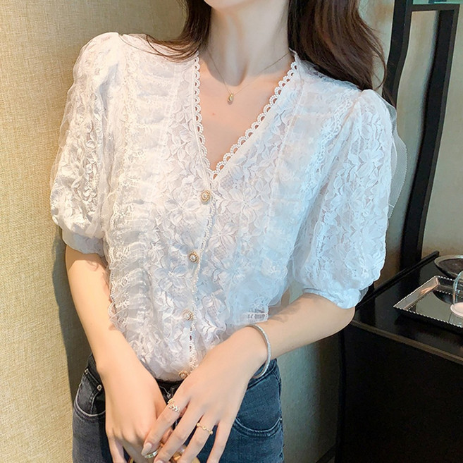 밍키비 100199C 프릴레이스 줄무늬 여성 반팔 블라우스