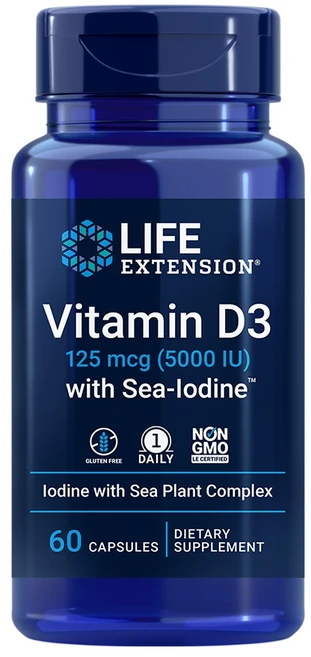 비타민 D3 125 mcg 5000 IU 위드 씨 아이오딘 요오드 영양제 60 캡슐 Life Extension, 1개, 60정 - 쿠팡