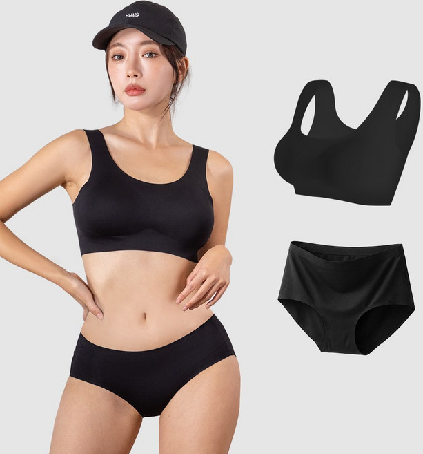 에이치머스 심리스 무봉제 워터스킨 래쉬가드 이너 브라 + 삼각팬티 세트