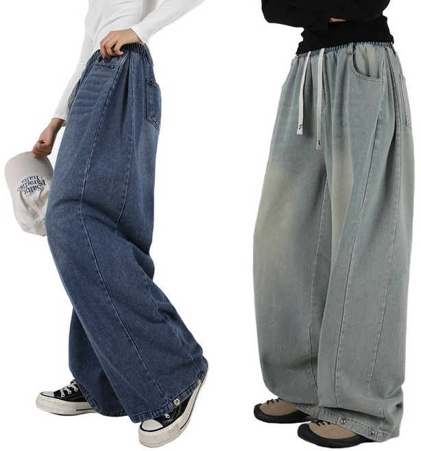 오버나인 여자 여성 벌룬 데님 밴딩 옆핀턱 스넵버튼 와이드 청바지 팬츠