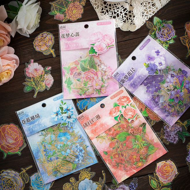 빈티지 감성 금박 꽃 플라워 압화 다꾸 PET 스티커 4종, 1.레드 (ST-3055)