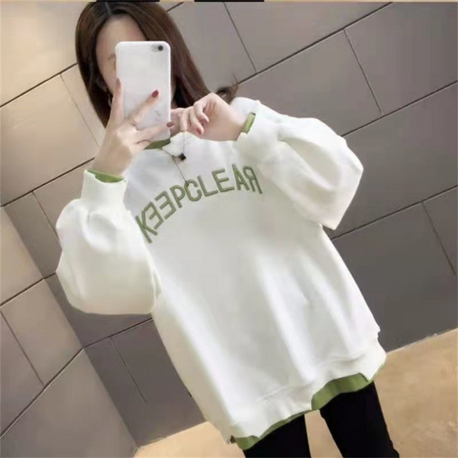 besteffie 여성용 데일리룩 오버핏 맨투맨 배색 페이크 레이어드 레터링 프린트 디자인 라운드넥 긴팔상의 JX15