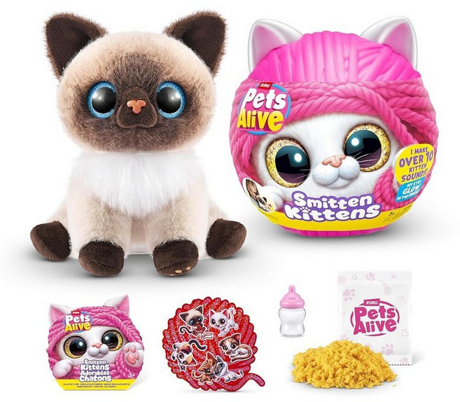 Pets Alive Smitten Kittens Surprise (샴 고양이 Mooloo) ZURU Nurture Play 부드러운 장난감 언박싱 인터랙티브 10가지 사운드 채, Mooloo
