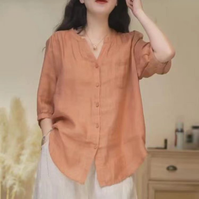 文藝復古棉麻V領半袖襯衫女夏季新款百搭設計感上衣