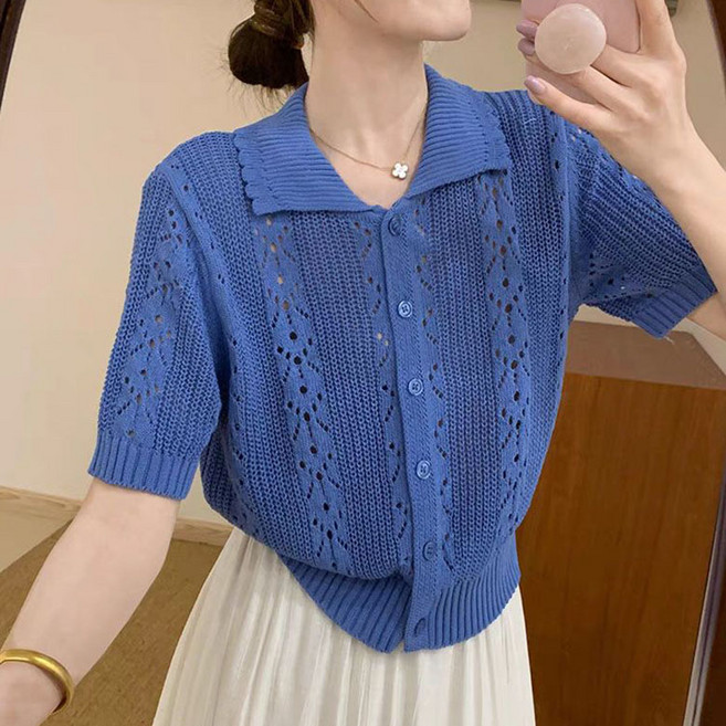 ORZQU 여름 여성 터틀넥 펀칭 니트 가디건 반팔 루즈핏 반팔 티셔츠 상의