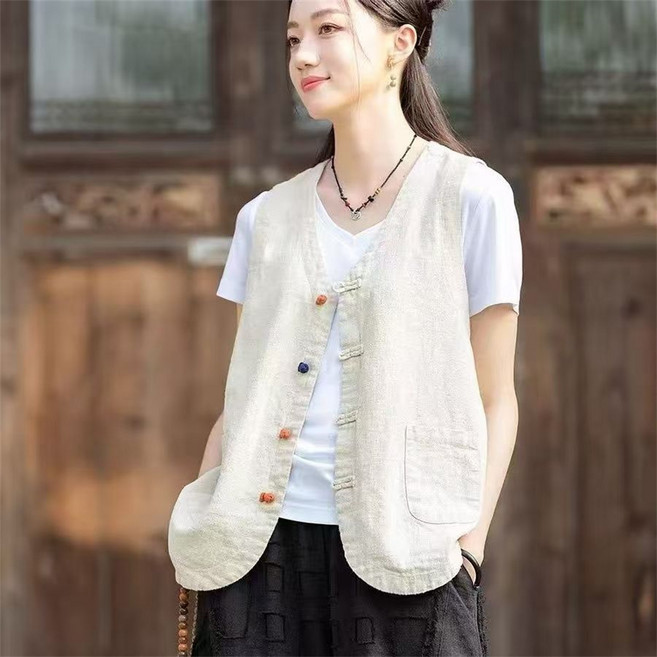 TKX 여성 면마 베스트 조끼 캐주얼 넉넉한핏 데일리 아우터 포켓 장식 빅사이즈