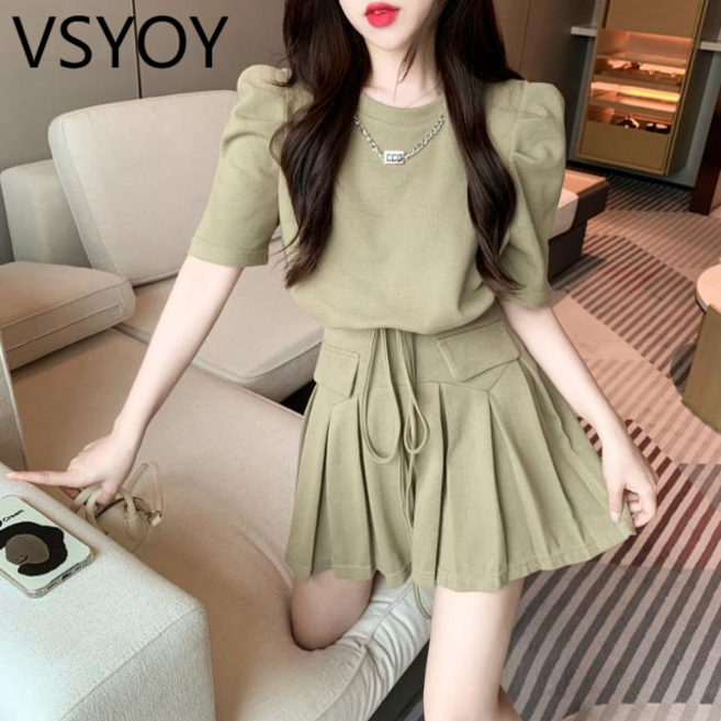 vsyoy 소금은 달콤한 튀김 거리가 될 수 세트 한국인은 부드러운 달콤한 짧은 소매 탑 슬림 스커트 투피스 세트 세트를 착용하십시오.