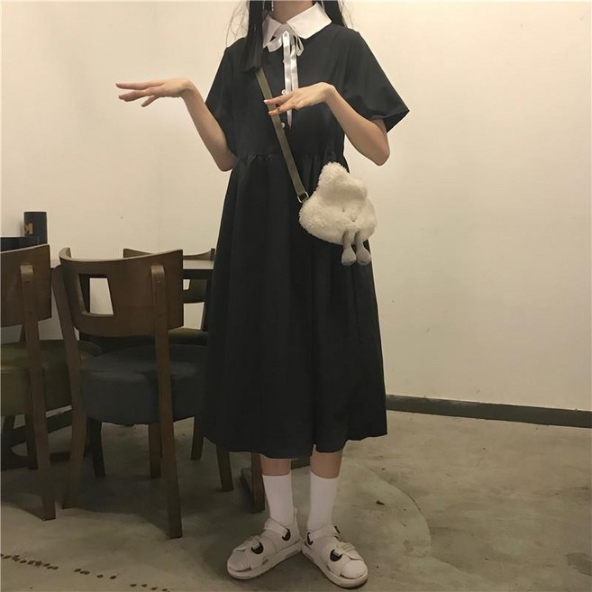 日系海軍領拼接連衣裙女 夏季顯瘦A字裙, 黑色