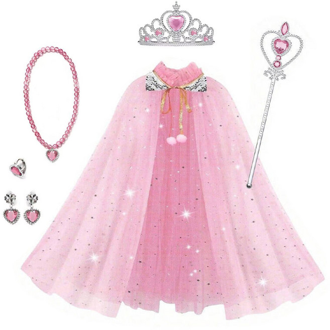 [청춘교복] 공주 생일 파티 용품 5종세트+망토 축하 브라이덜샤워 연말 선물 소품 프린세스 코스튬 주얼리 왕관 요술봉 목걸이 액세사리, 1개, 연핑크
