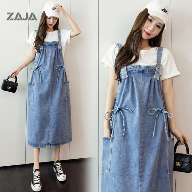 ZAJA 여성 데님 멜빵원피스 여름 포켓 데일리 루즈핏 캐주얼