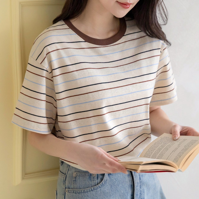 잠끌 여성 스트라이프 면 반팔 티셔츠