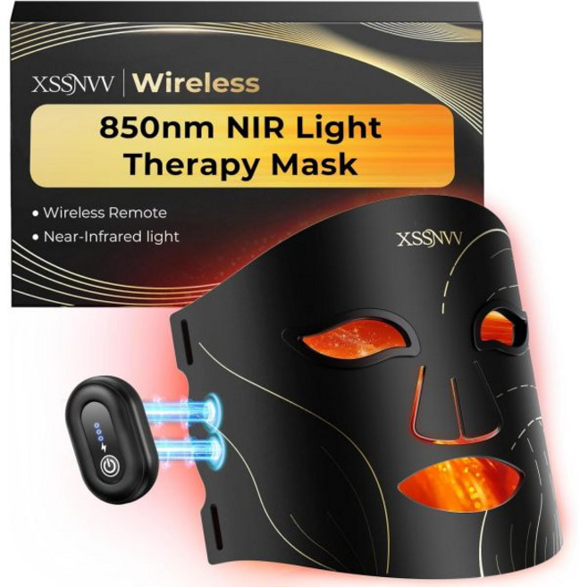 얼굴용 레드 라이트 테라피 - 4가지 모드NIR 850nm 630nm 블루 앰버 272개의 LED 10분 타이머 집에서 빛나는 피부를 위한 충전식 무선 페이스 마스크, Pink Black