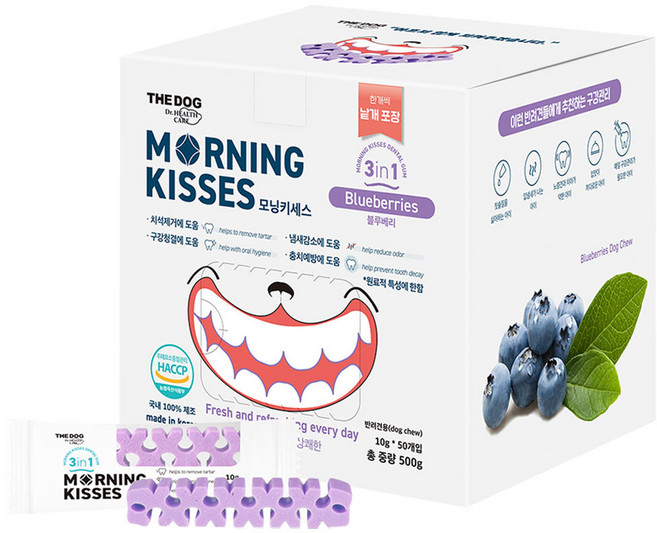 더독 모닝키세스 블루베리 청포도 자몽 강아지 유산균 양치껌 덴탈껌 입냄새 치석제거, 500g, 1개