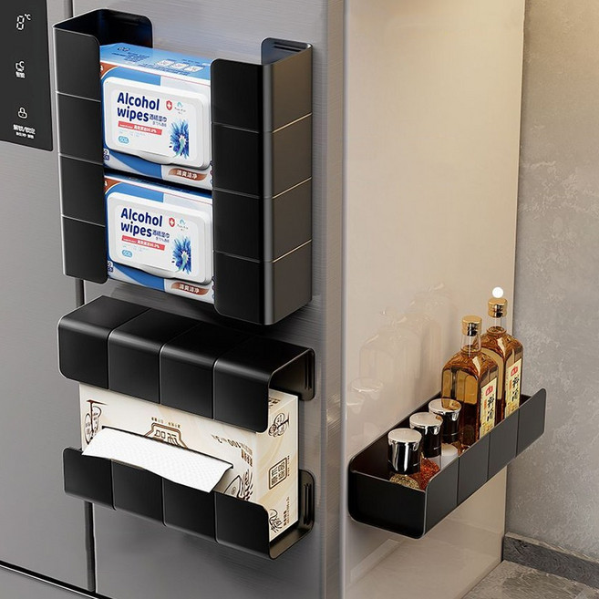 Jeernare 초강력 냉장고 자석 선반 휴지 물티슈 양념병 수납 선반 간격 조절 다용도 틈새선반, 블랙, 2개