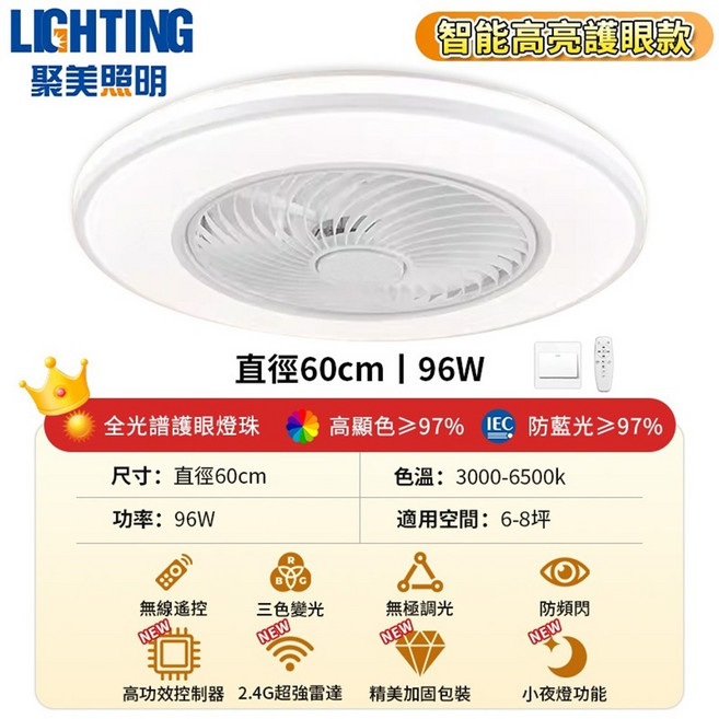 聚美照明 智能高亮護眼吸頂風扇燈 60cm 96W, 白色