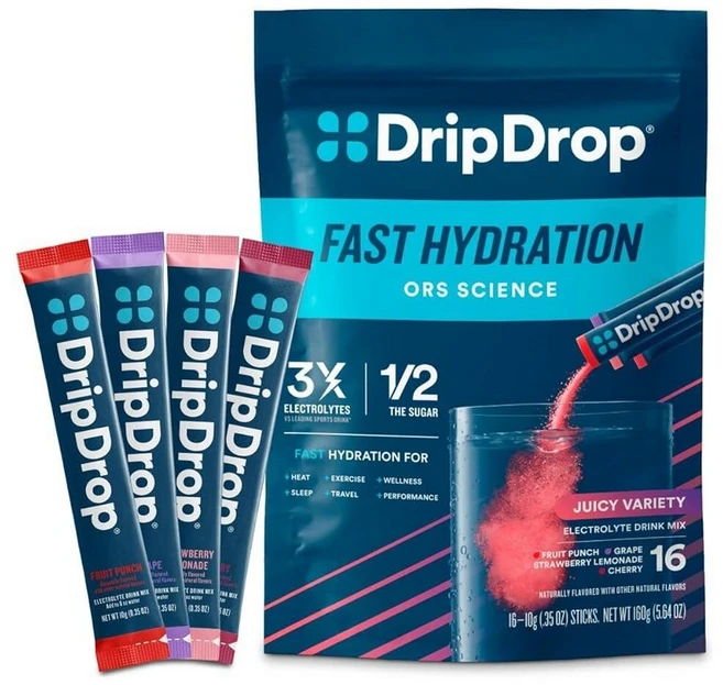 DripDrop 수분 공급 - 전해질 파우더 패킷 포도 과일 펀치 딸기 레모네이드 체리 16개입 135961, Juicy Variety Pack, Juicy Variety Pack - 쿠팡